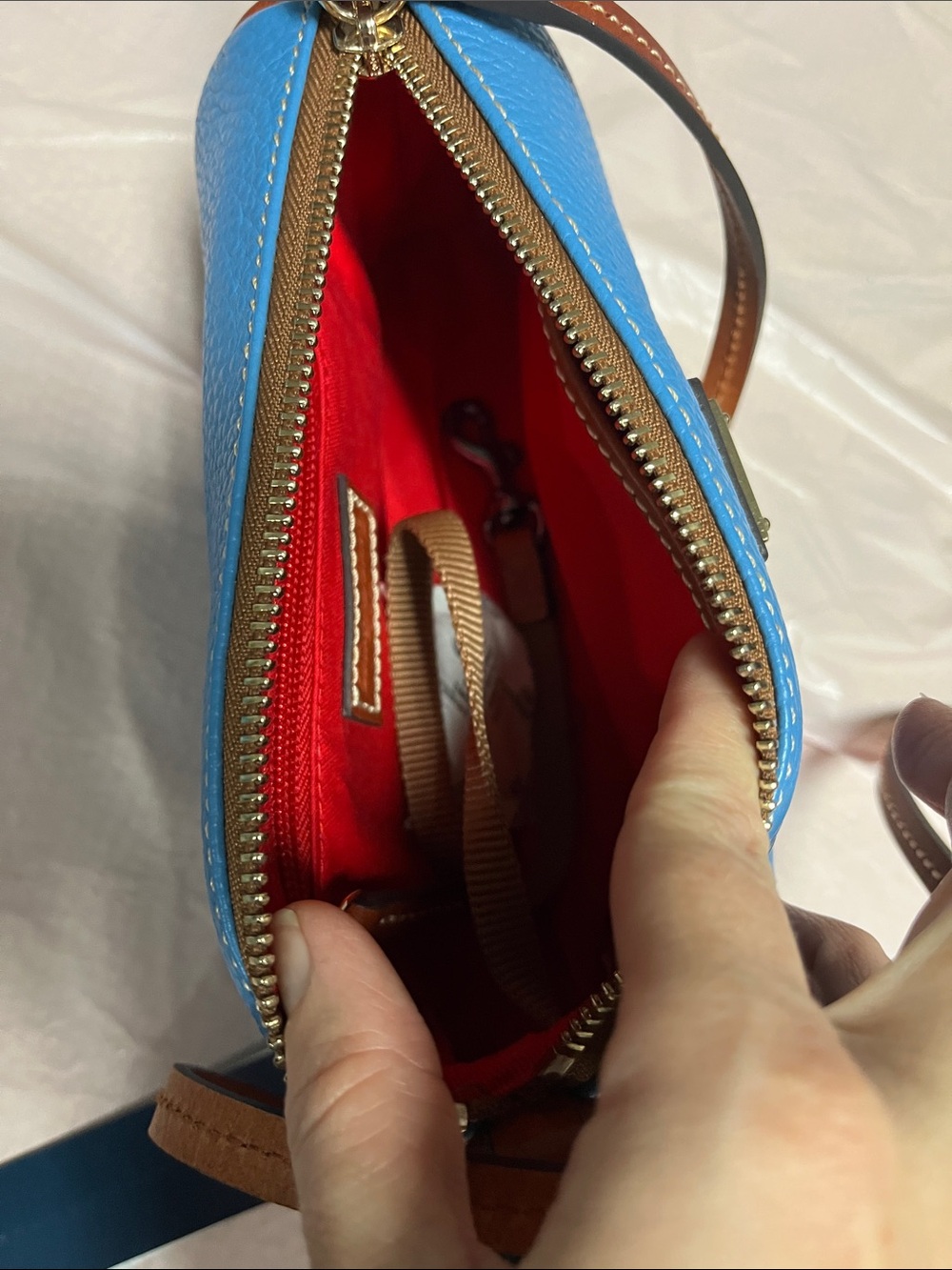 Dooney & Bourke Pebble Leather Crossbody in Bright Blue with Brown Trim - Picture 5 of 5